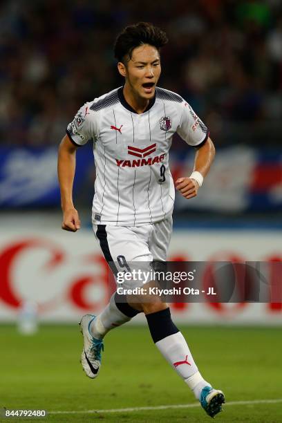 Kenyu Sugimoto of Cerezo Osaka celebrates scoring his side's third goal during the J.League J1 match between FC Tokyo and Cerezo Osaka at Ajinomoto...