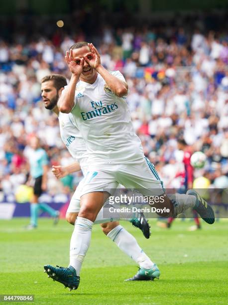 Lucas Vazquez of Real Madrid CF celebrates after scoring his team's first goal during the La Liga match between Real Madrid and Levante at Estadio...