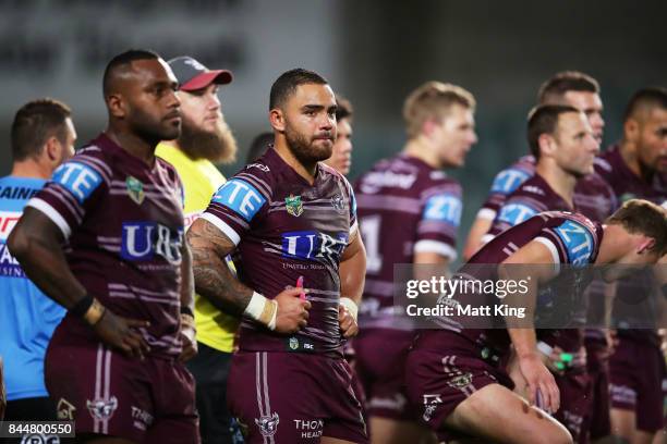 Dylan Walker of the Sea Eagles and team mates look dejected after the try to Tyrone Peachey of the Panthers during the NRL Elimination Final match...