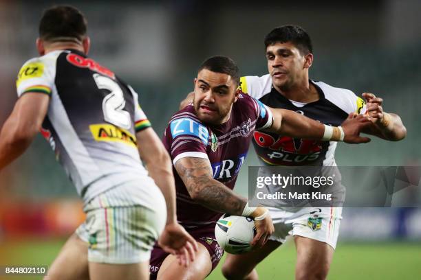 Dylan Walker of the Sea Eagles takes on the defence during the NRL Elimination Final match between the Manly Sea Eagles and the Penrith Panthers at...