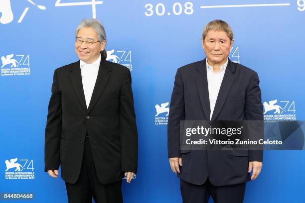 Masayuki Mori and Takeshi Kitano attend the 'Outrage Coda' photocall during the 74th Venice Film Festival at Sala Casino on September 9, 2017 in...