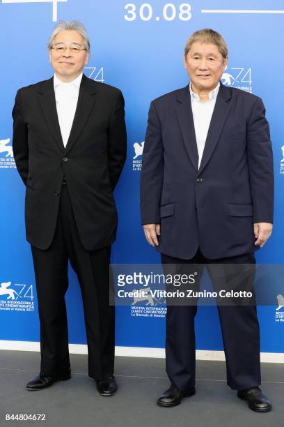Masayuki Mori and Takeshi Kitano attend the 'Outrage Coda' photocall during the 74th Venice Film Festival at Sala Casino on September 9, 2017 in...
