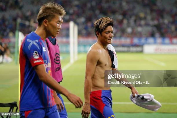 Yoshito Okubo of FC Tokyo and Kensuke Nagai of FC Tokyo show dejection after their 1-4 defeat in the J.League J1 match between FC Tokyo and Cerezo...