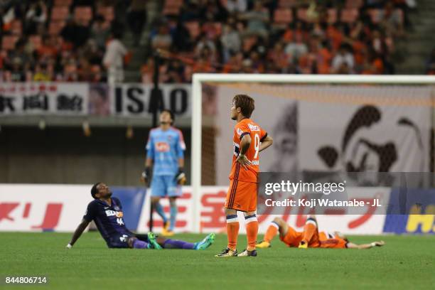 Ryohei Yamazaki of Albirex Niigata show dejection after 0-0 draw in during the J.League J1 match between Albirex Niigata and Sanfrecce Hiroshima at...