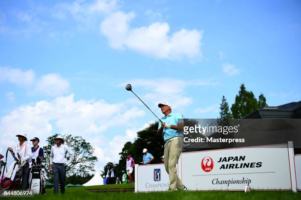 Tom Lehman of the United States hits his tee shot on the 10th hole during the second round of the Japan Airlines Championship at Narita Golf...