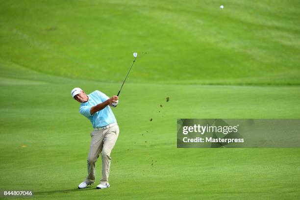 Tom Lehman of the United States shots during the second round of the Japan Airlines Championship at Narita Golf Club-Accordia Golf on September 9,...