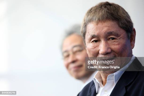 Takeshi Kitano and Masayuki Mori attend the 'Outrage Coda' photocall during the 74th Venice Film Festival at Sala Casino on September 9, 2017 in...