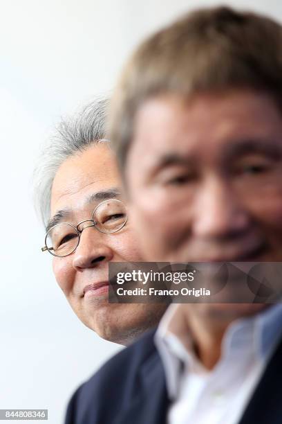 Takeshi Kitano and Masayuki Mori attend the 'Outrage Coda' photocall during the 74th Venice Film Festival at Sala Casino on September 9, 2017 in...