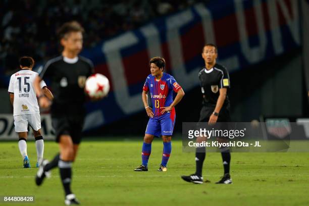 Yoshito Okubo of FC Tokyo shows dejection after his side's 1-4 defeat in the J.League J1 match between FC Tokyo and Cerezo Osaka at Ajinomoto Stadium...