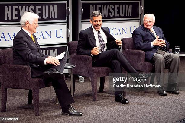 Former television journalist Nick Clooney, his son actor George Clooney, and Bill Small chairman of news and documentary Emmys at the National...