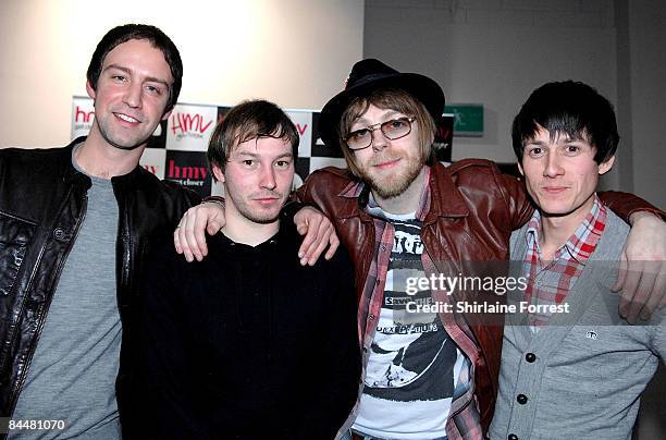 Joel Stoker, Luke Crowther, Robert Pyne and Grant Marsh of The Rifles pose before signing CD for fans at HMV on January 26, 2009 in Manchester,...