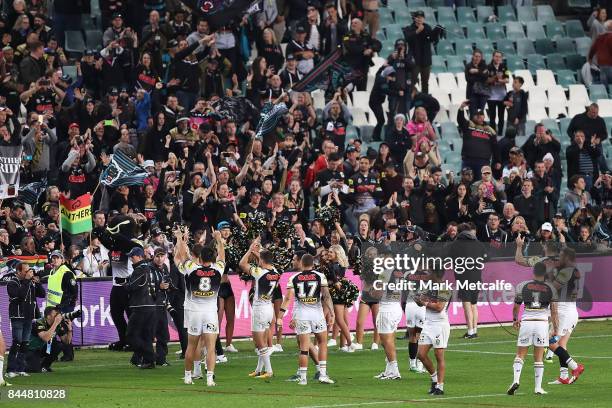 Panthers players celebrate victory in front of their fans during the NRL Elimination Final match between the Manly Sea Eagles and the Penrith...