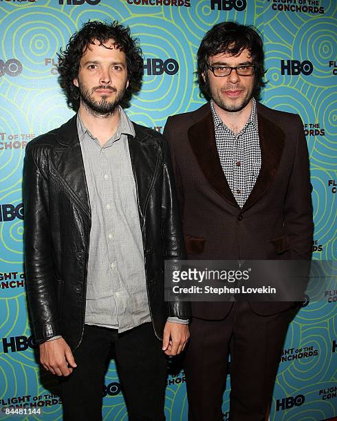 Actors Brett McKenzie and Jemaine Clement attend the "Flight of the Conchords" season 2 viewing party at the Angel and Orensanz Foundation on January...