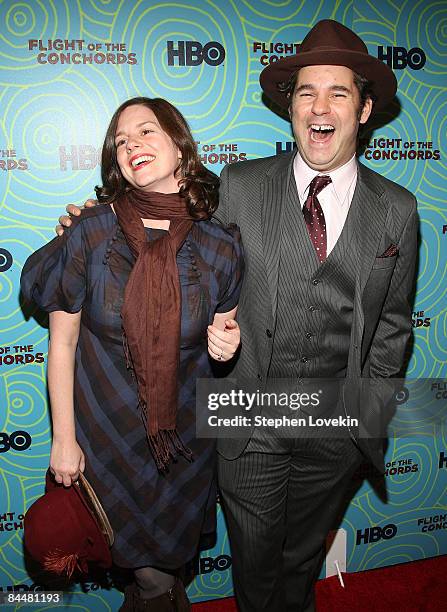 Janie Haddad and actor Paul F. Tompkins attend the "Flight of the Conchords" season 2 viewing party at the Angel and Orensanz Foundation on January...