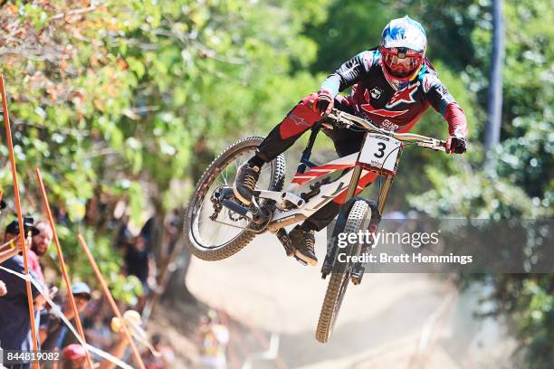 Aaron Gwin of the USA rides in the Elite Downhill training session during the 2017 Mountain Bike World Championships on September 9, 2017 in Cairns,...