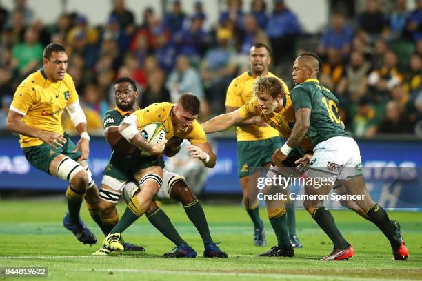 Sean McMahon of the Wallabies is tackled during The Rugby Championship match between the Australian Wallabies and the South Africa Springboks at nib...