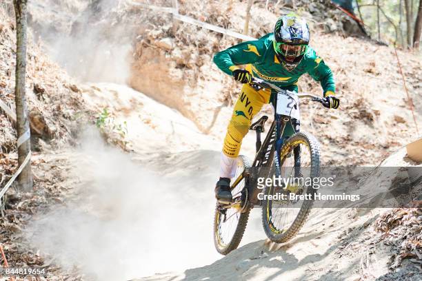 Troy Brosnan of Australia rides in the Elite Downhill training session during the 2017 Mountain Bike World Championships on September 9, 2017 in...