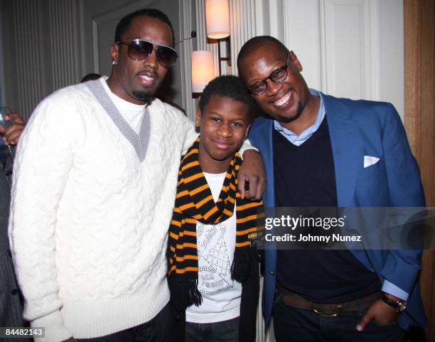 Sean "P Diddy" Combs, Andre Jr. And Andre Harrell attend Andre Harrell's celebration dinner hosted by Lyor Cohen at a Private Residence on January...