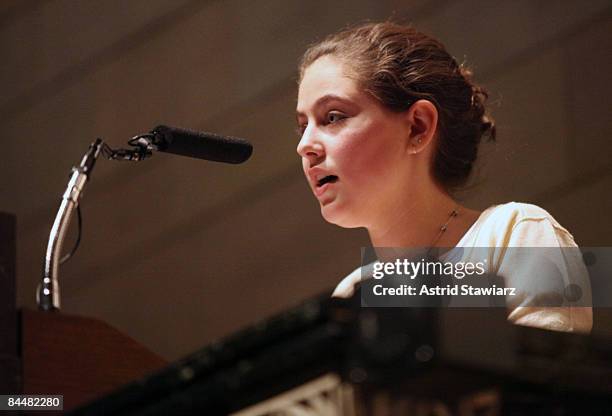 Rachael Goldwasser Plutzik speaks at a performance by Liyana with David Broza hosted by the John Lennon Educational Tour Bus at Congregation Rodeph...