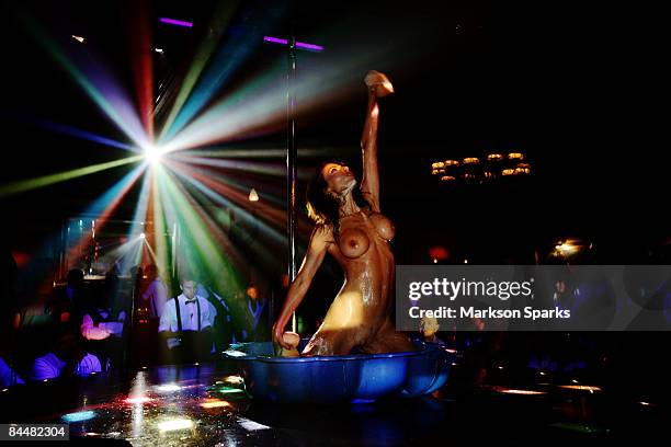 Tameka Dean performs on-stage during a Penthouse Award night celebrating her new title as 'Penthouse Pet of the Year' at the Men's Gallery on...