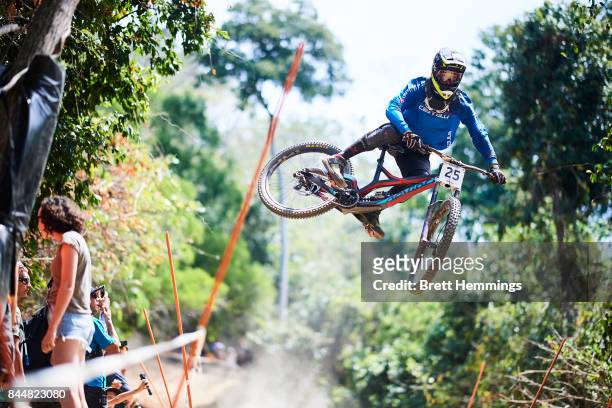 Loris Revelli of Italy rides in the Elite Downhill training session during the 2017 Mountain Bike World Championships on September 9, 2017 in Cairns,...