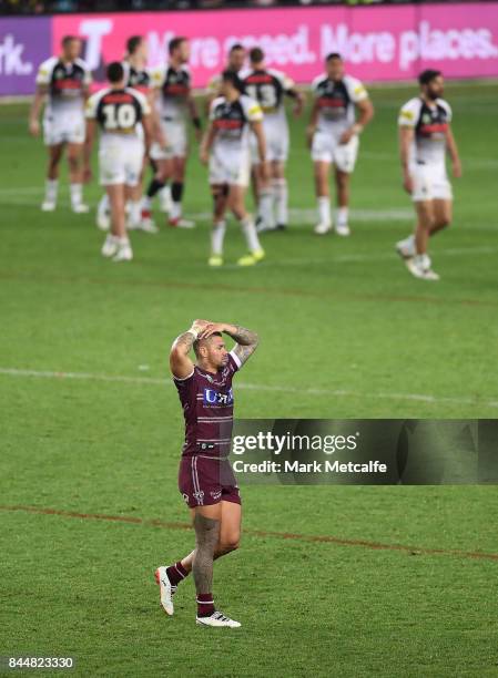 Frank Winterstein of the Sea Eagles looks dejected after defeat during the NRL Elimination Final match between the Manly Sea Eagles and the Penrith...