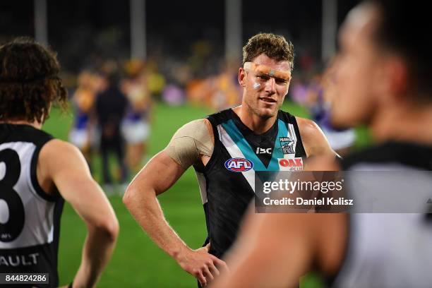 Brad Ebert of the Power looks on dejected after the AFL First Elimination Final match between Port Adelaide Power and West Coast Eagles at Adelaide...