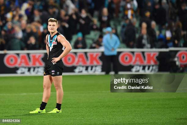 Ollie Wines of the Power looks on dejected after the AFL First Elimination Final match between Port Adelaide Power and West Coast Eagles at Adelaide...