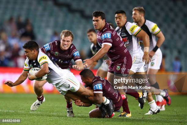 Tyrone Peachey of the Panthers is tackled during the NRL Elimination Final match between the Manly Sea Eagles and the Penrith Panthers at Allianz...