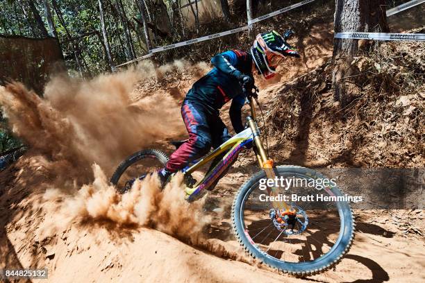 Danny Hart of Breat Britain rides in the Elite Downhill training session during the 2017 Mountain Bike World Championships on September 9, 2017 in...
