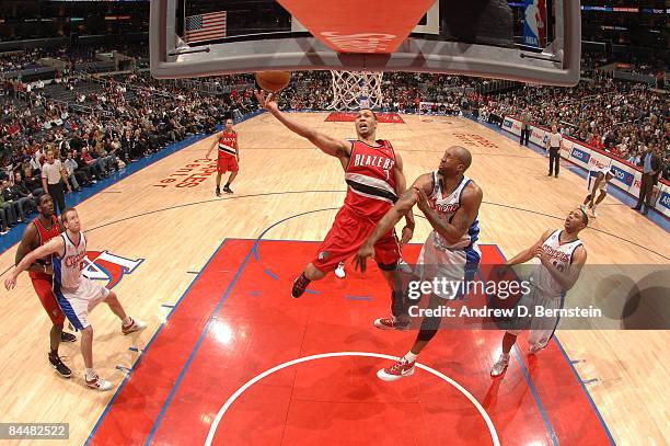 Brandon Roy of the Portland Trail Blazers goes up for a shot against Brian Skinner of the Los Angeles Clippers at Staples Center on January 26, 2009...