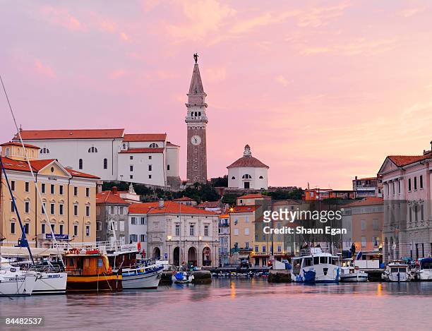 view of city and harbour at dusk - piran slovenia stock pictures, royalty-free photos & images