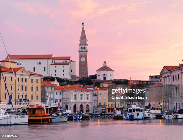 view of city and harbour at dusk - eslovênia - fotografias e filmes do acervo