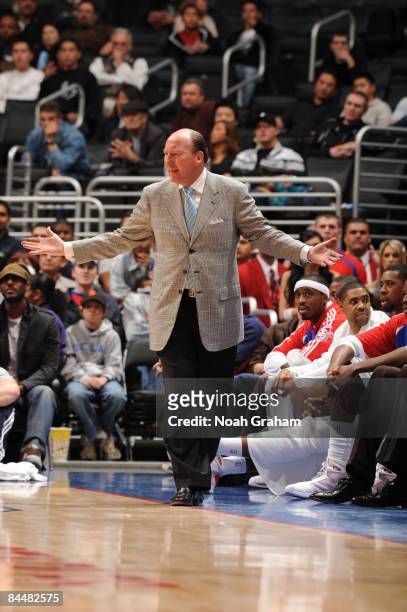 Head Coach Mike Dunleavy of the Los Angeles Clippers reacts to a call during a game against the Portland Trail Blazers at Staples Center on January...