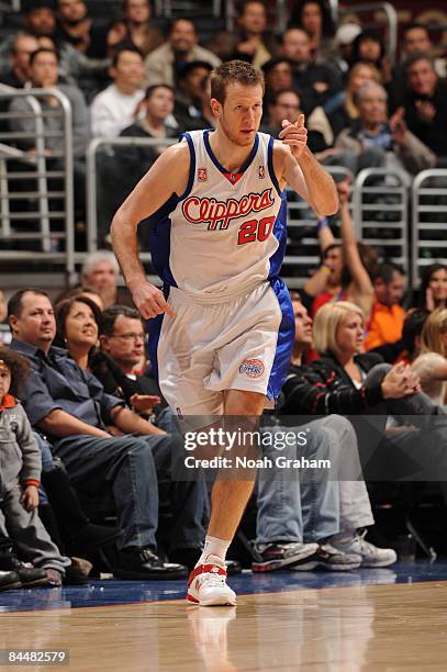 Steve Novak of the Los Angeles Clippers gestures after making a basket against the Portland Trail Blazers at Staples Center on January 26, 2009 in...