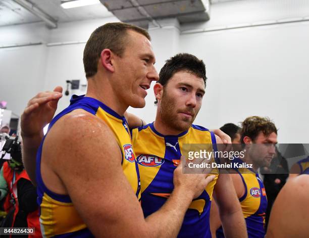 Drew Petrie and Jeremy McGovern of the Eagles celebrate after the AFL First Elimination Final match between Port Adelaide Power and West Coast Eagles...