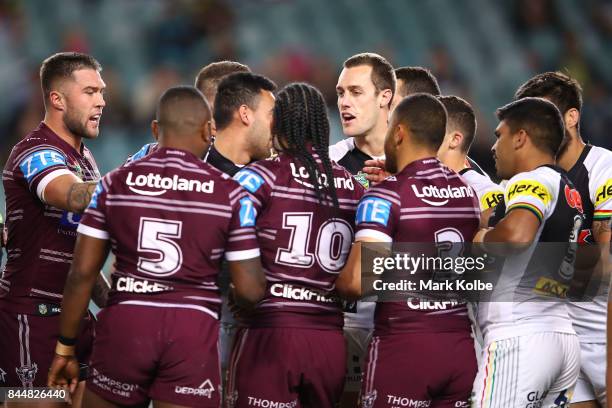 Players scuffle during the NRL Elimination Final match between the Manly Sea Eagles and the Penrith Panthers at Allianz Stadium on September 9, 2017...