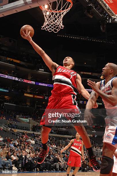 Brandon Roy of the Portland Trail Blazers puts up a shot against Brian Skinner of the Los Angeles Clippers at Staples Center on January 26, 2009 in...