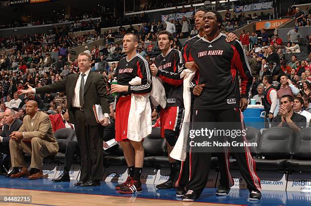 The Portland Trail Blazers bench reacts during a game against the Los Angeles Clippers at Staples Center on January 26, 2009 in Los Angeles,...