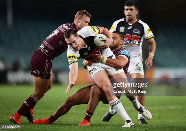 Isaah Yeo of the Panthers is tackled during the NRL Elimination Final match between the Manly Sea Eagles and the Penrith Panthers at Allianz Stadium...