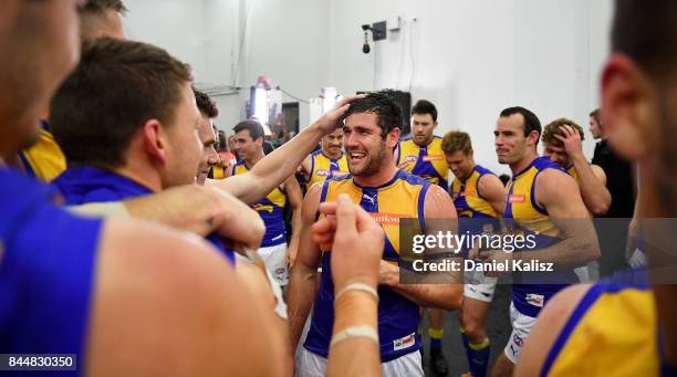 Jack Darling of the Eagles celebrates with his team mates after during the AFL First Elimination Final match between Port Adelaide Power and West...