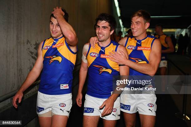 The Eagles players celebrate after the AFL First Elimination Final match between Port Adelaide Power and West Coast Eagles at Adelaide Oval on...