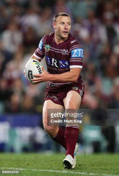 Blake Green of the Sea Eagles runs with the ball during the NRL Elimination Final match between the Manly Sea Eagles and the Penrith Panthers at...