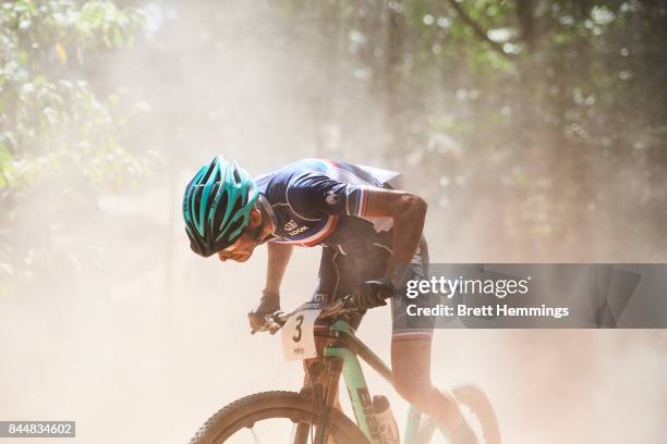 Stephane Tempier of France competes in the Elite Mens Cross Country race during the 2017 Mountain Bike World Championships on September 9, 2017 in...