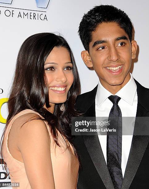 Actors Freida Pinto and Dev Patel attend the 20th annual Producers Guild Awards at the Hollywood Palladium on January 24, 2009 in Hollywood,...