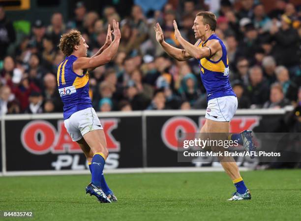 Matt Pridis and Drew Petrie celebrate a late goal during the AFL First Elimination Final match between Port Adelaide Power and West Coast Eagles at...