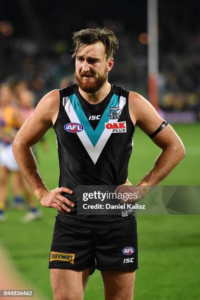 Charlie Dixon of the Power looks on dejected after the AFL First Elimination Final match between Port Adelaide Power and West Coast Eagles at...