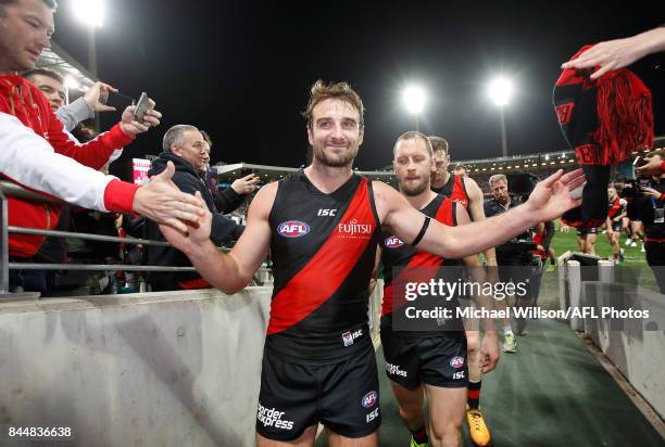 Retiring Bombers Jobe Watson and James Kelly leave the field during the AFL Second Elimination Final match between the Sydney Swans and the Essendon...