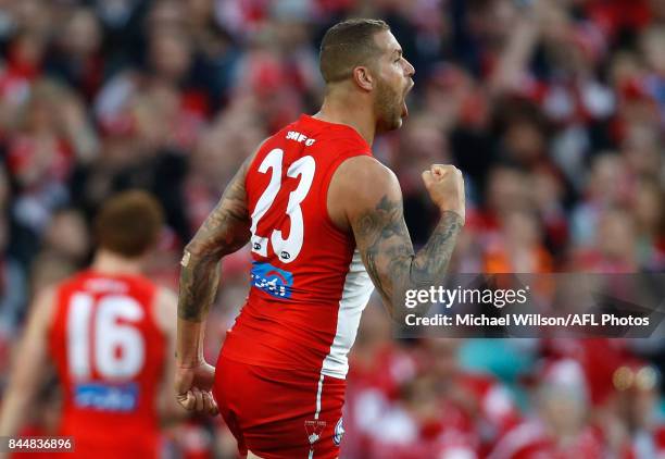 Lance Franklin of the Swans celebrates a goal during the AFL Second Elimination Final match between the Sydney Swans and the Essendon Bombers at...