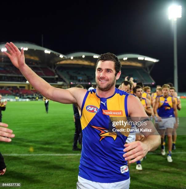 Jack Darling of the Eagles celebratesas he walks from the field during the AFL First Elimination Final match between Port Adelaide Power and West...